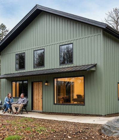 Completed Passive House with green siding and wood accents ready for blower door testing Ontario