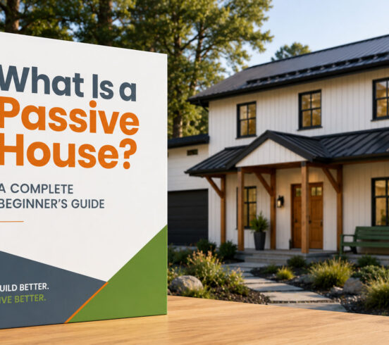Cover of a beginner's guide to Passive House in front of a modern high-performance home.