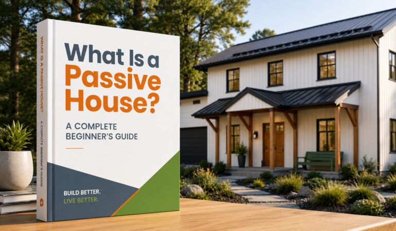 Cover of a beginner's guide to Passive House in front of a modern high-performance home.