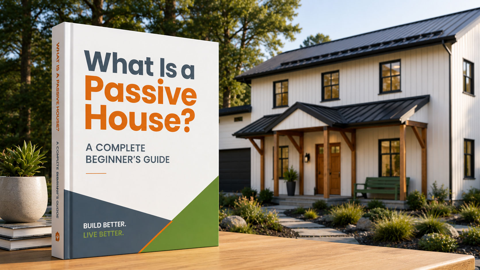 Cover of a beginner's guide to Passive House in front of a modern high-performance home.