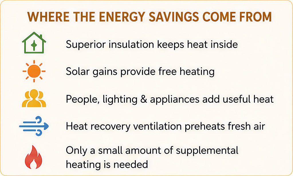 Infographic explaining how Passive House reduces energy use through superior insulation, solar heat gains, internal heat sources, heat recovery ventilation, and minimal supplemental heating.