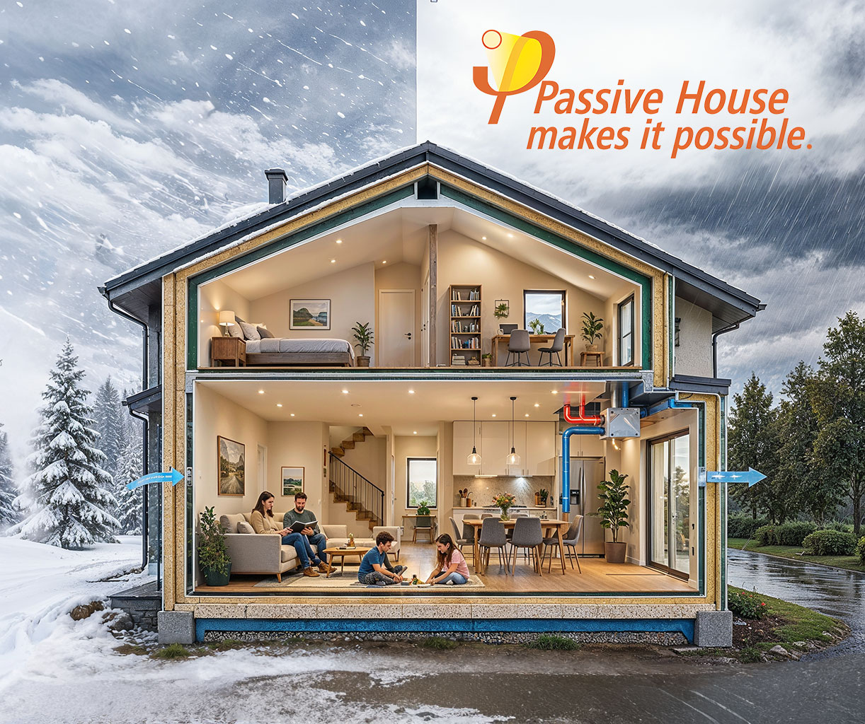 Cutaway illustration of a Passive House showing a warm, comfortable interior despite harsh weather outside.