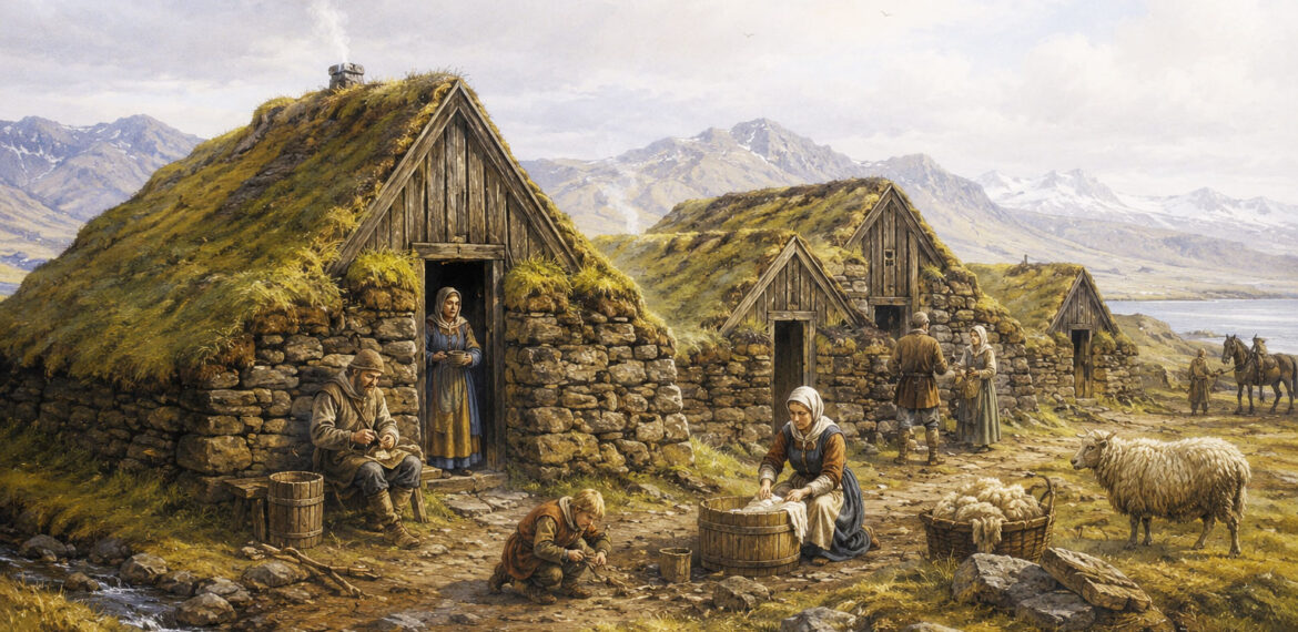Historic Icelandic turf houses built into the landscape, demonstrating natural insulation and passive design principles that inspired modern Passive House construction.