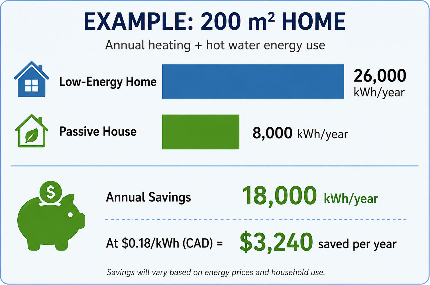 Comparison chart showing a 200 m² Passive House uses 8,000 kWh/year compared to 26,000 kWh/year for a low-energy home, saving approximately 18,000 kWh annually.