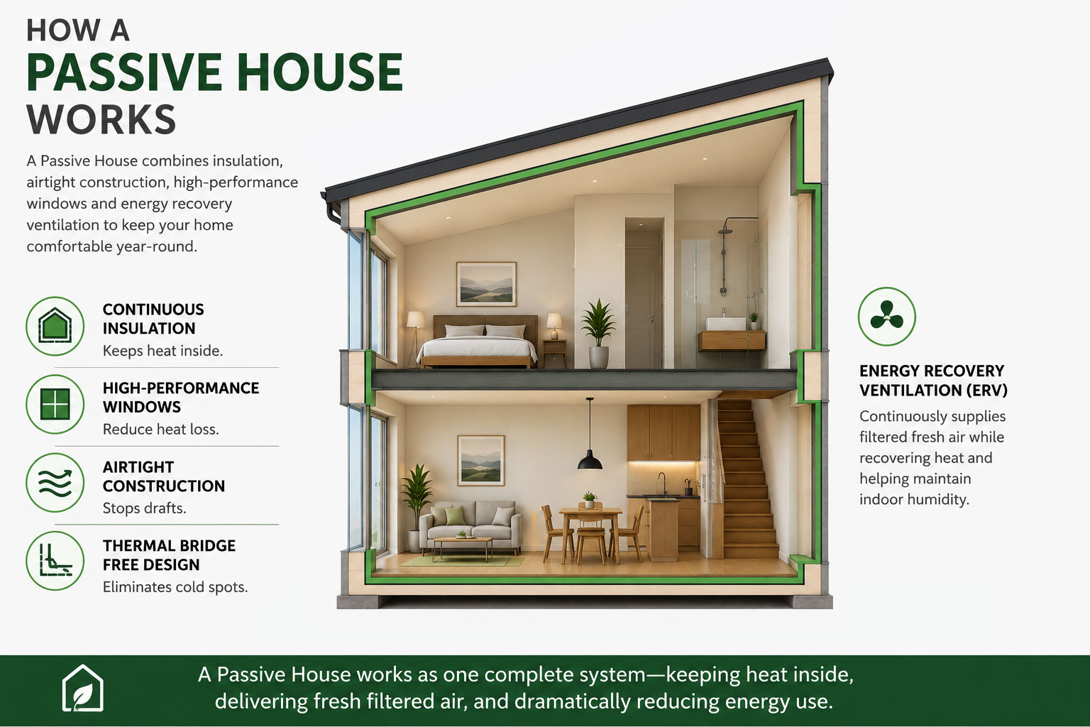 Diagram illustrating the five core Passive House principles: continuous insulation, thermal bridge reduction, high-performance windows, airtight construction, and heat recovery ventilation working together to create an efficient building envelope.