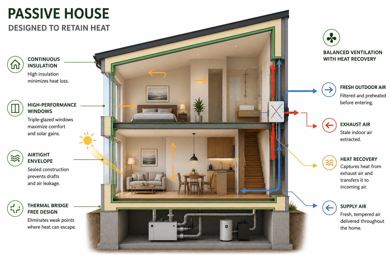 Diagram illustrating the five core Passive House principles: continuous insulation, thermal bridge reduction, high-performance windows, airtight construction, and heat recovery ventilation working together to create an efficient building envelope.