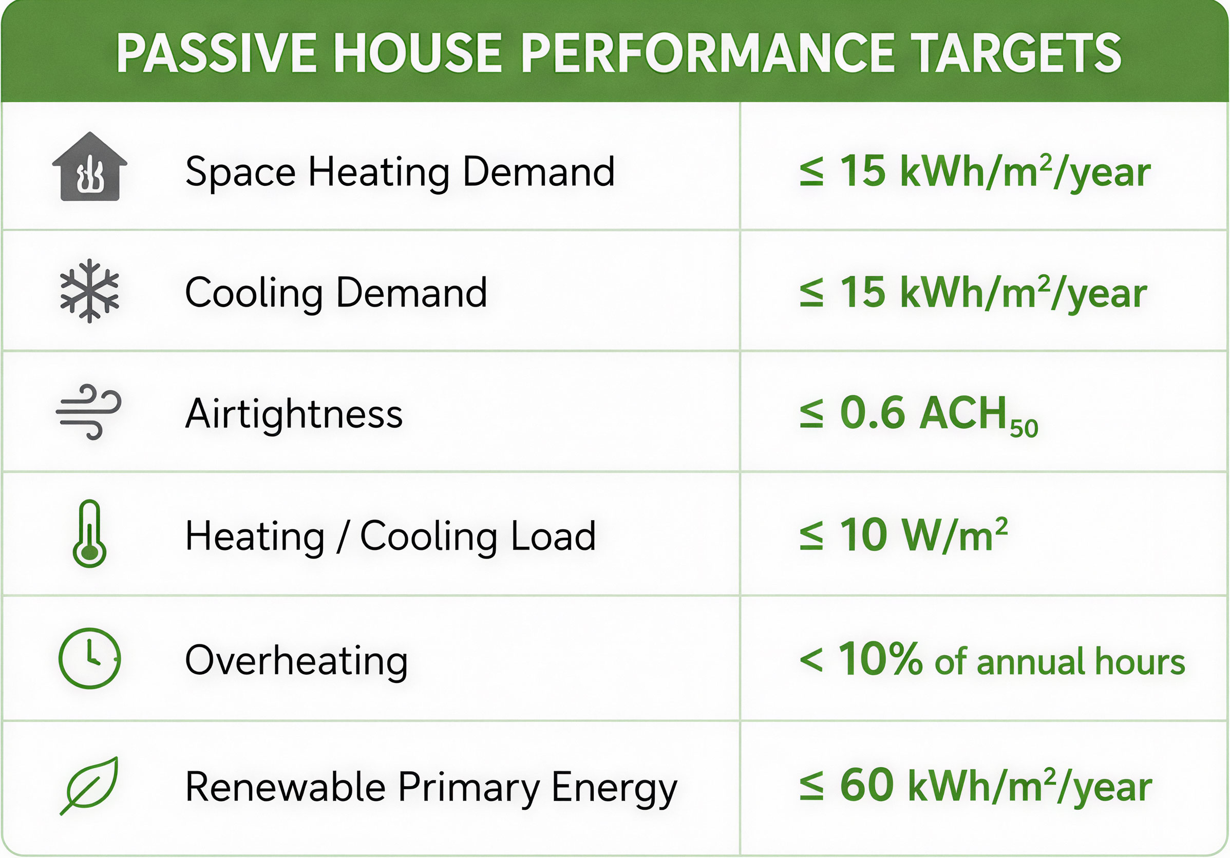 Passive House performance targets showing maximum heating and cooling demand, airtightness, heating load, overheating limits, and renewable primary energy requirements.