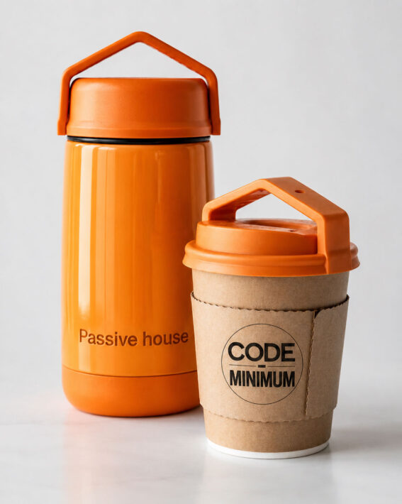 Orange insulated bottle labeled "Passive House" beside a disposable coffee cup labeled "Code Minimum," illustrating how Passive House buildings retain heat significantly longer than code-minimum construction.