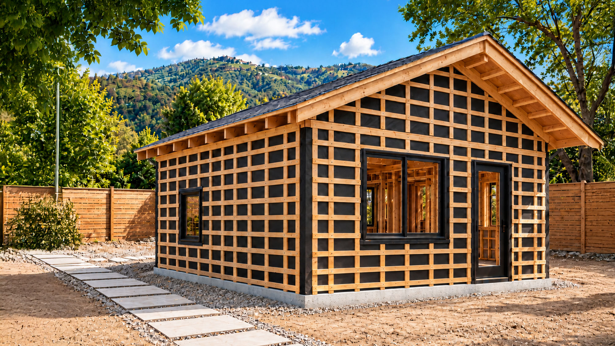 A Quantum ADU at the Essentials stage: the structure and building envelope erected on its slab, windows and doors in, ready for a contractor to finish.