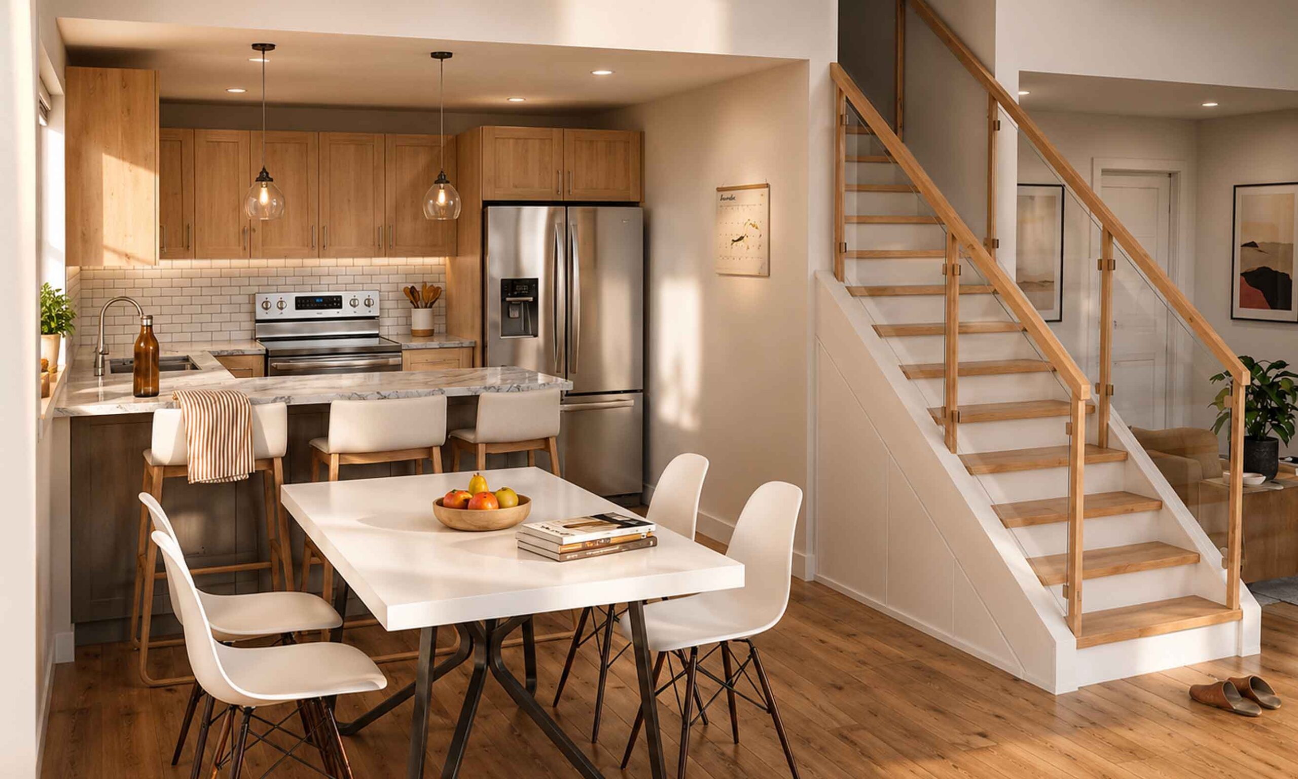 Inside a Quantum loft ADU: an open kitchen and dining area in pale wood and white, with a staircase rising to the loft above.